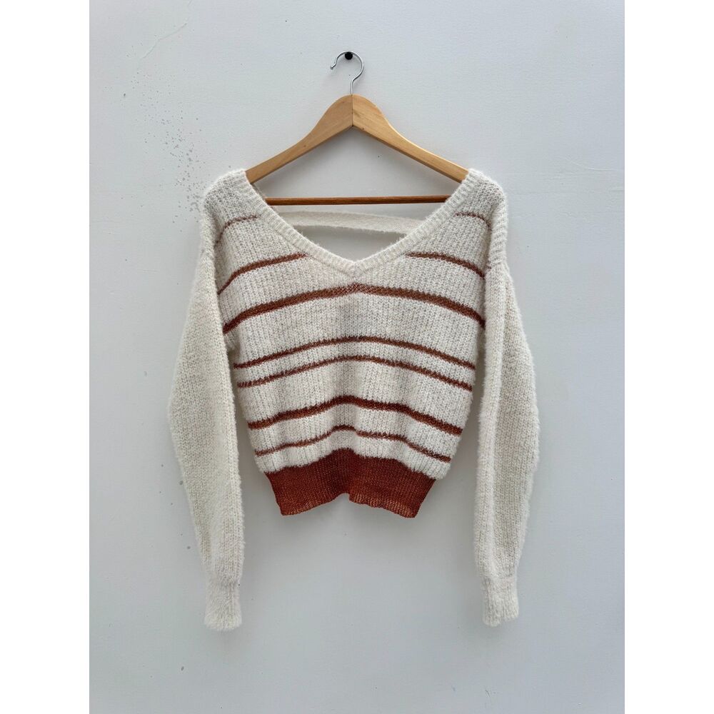 Rock & Roll Denim Fuzzy Striped Sweater Ivory Copper Metallic V-Neck Size S